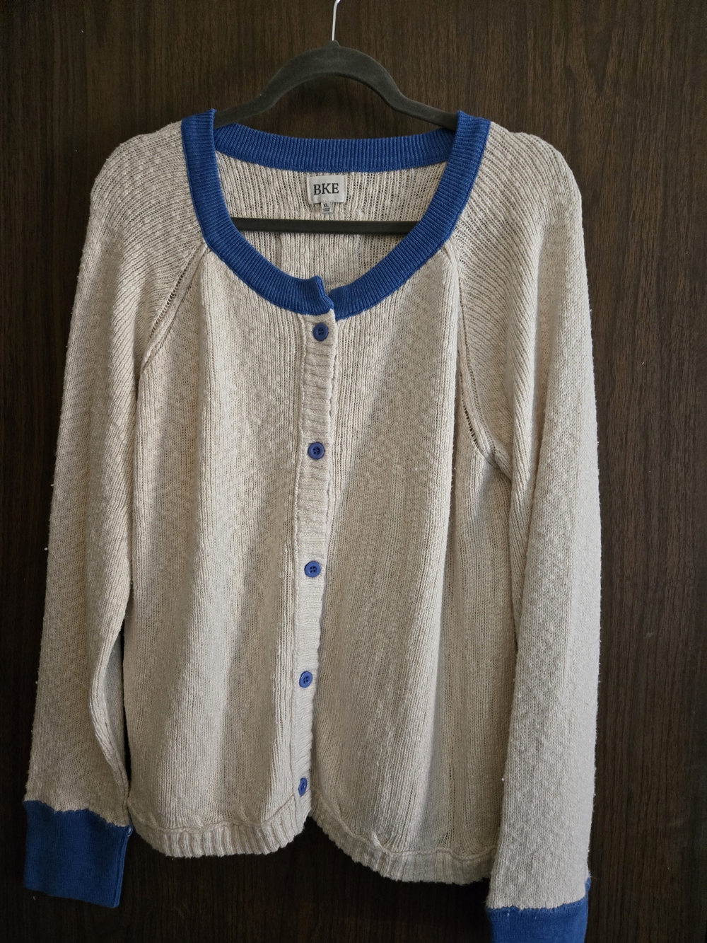 BKE Cream Cardigan with Blue Trim and Buttons